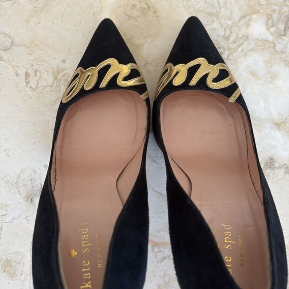 Kate Spade New York Gold “Love” Black Suede Leather Stiletto Heels Pumps - Picture 11 of 15